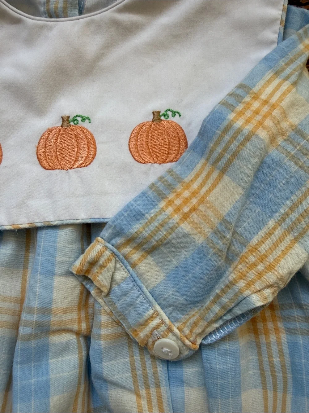 Plaid Blue & Orange Pumpkin-Embroidered Baby One-Piece